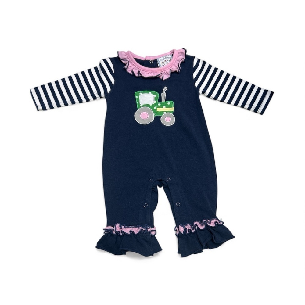 Three Sisters Striped Navy and Pink Tractor Romper